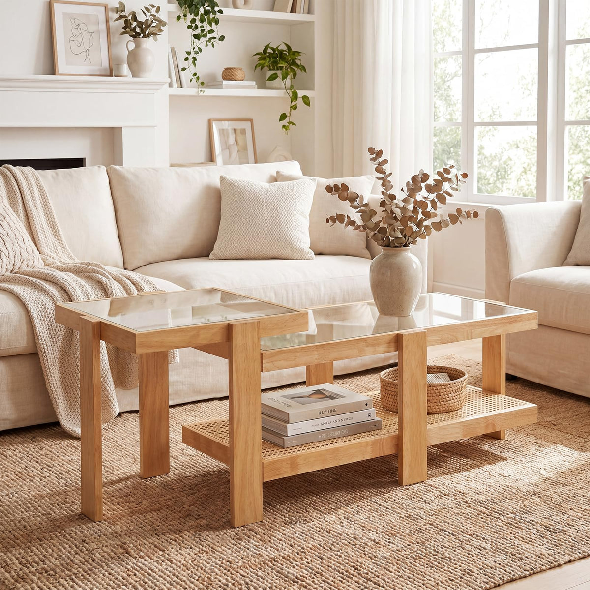Nesting Coffee Table Set of 2 Rattan Tempered Glass C94629