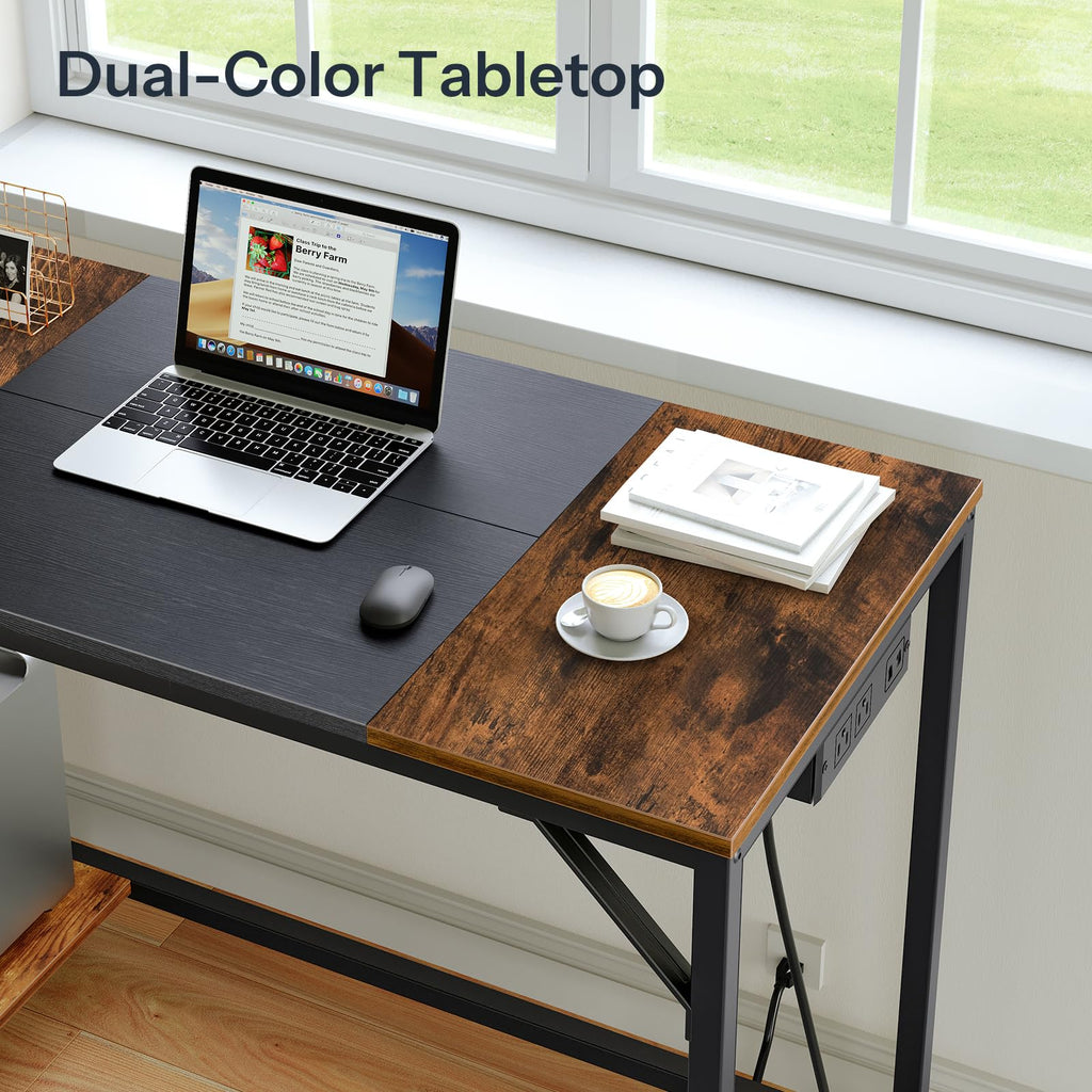Small Computer Desk with Power Outlet and 2 Shelves A35704