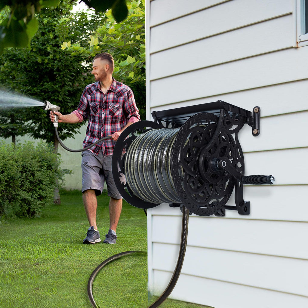 Metal Wall Mount Garden Hose Reel, Holds 125 ft x 5/8'' Hose, Dark Bronze H635