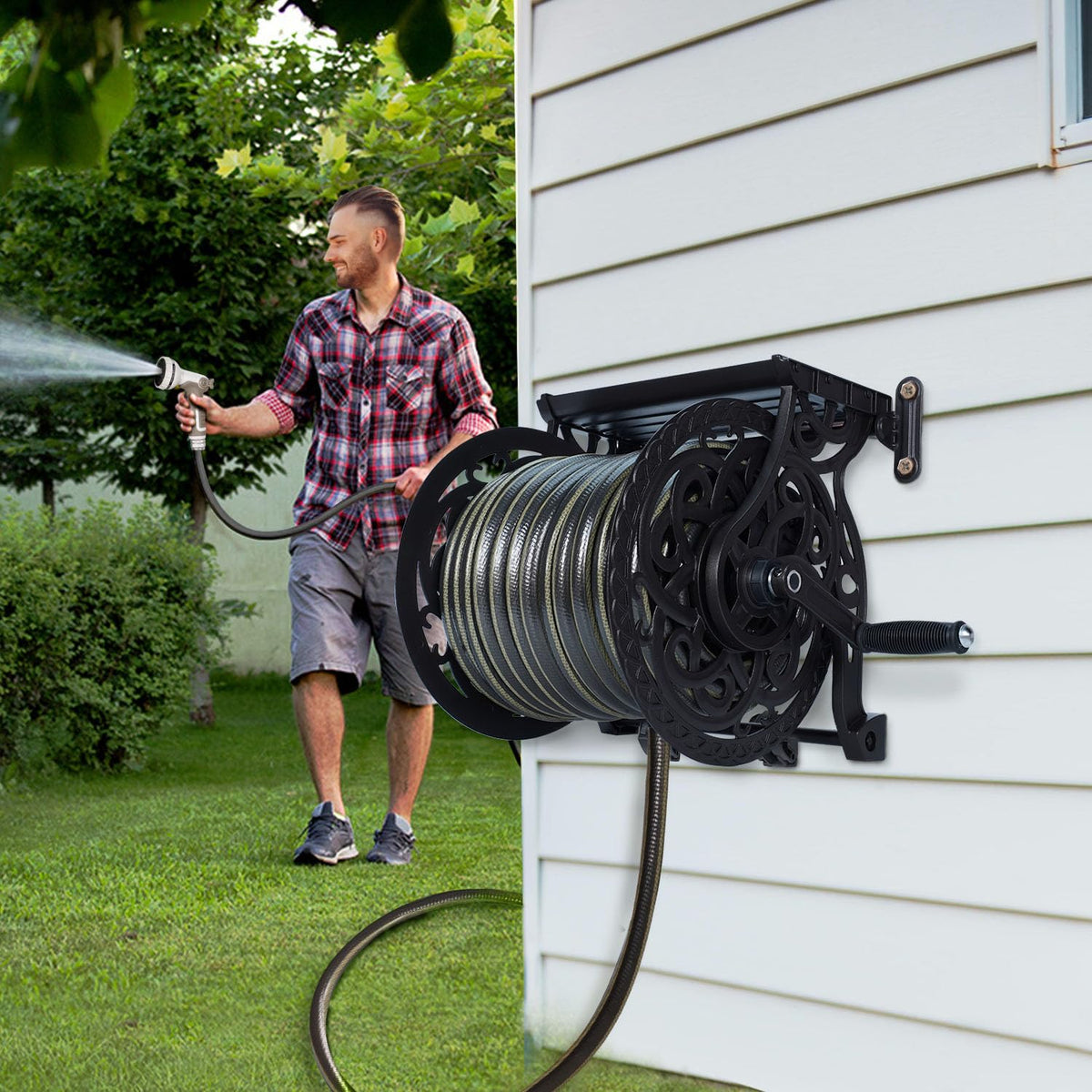 Metal Wall Mount Garden Hose Reel, Holds 125 ft x 5/8'' Hose, Dark Bronze H635