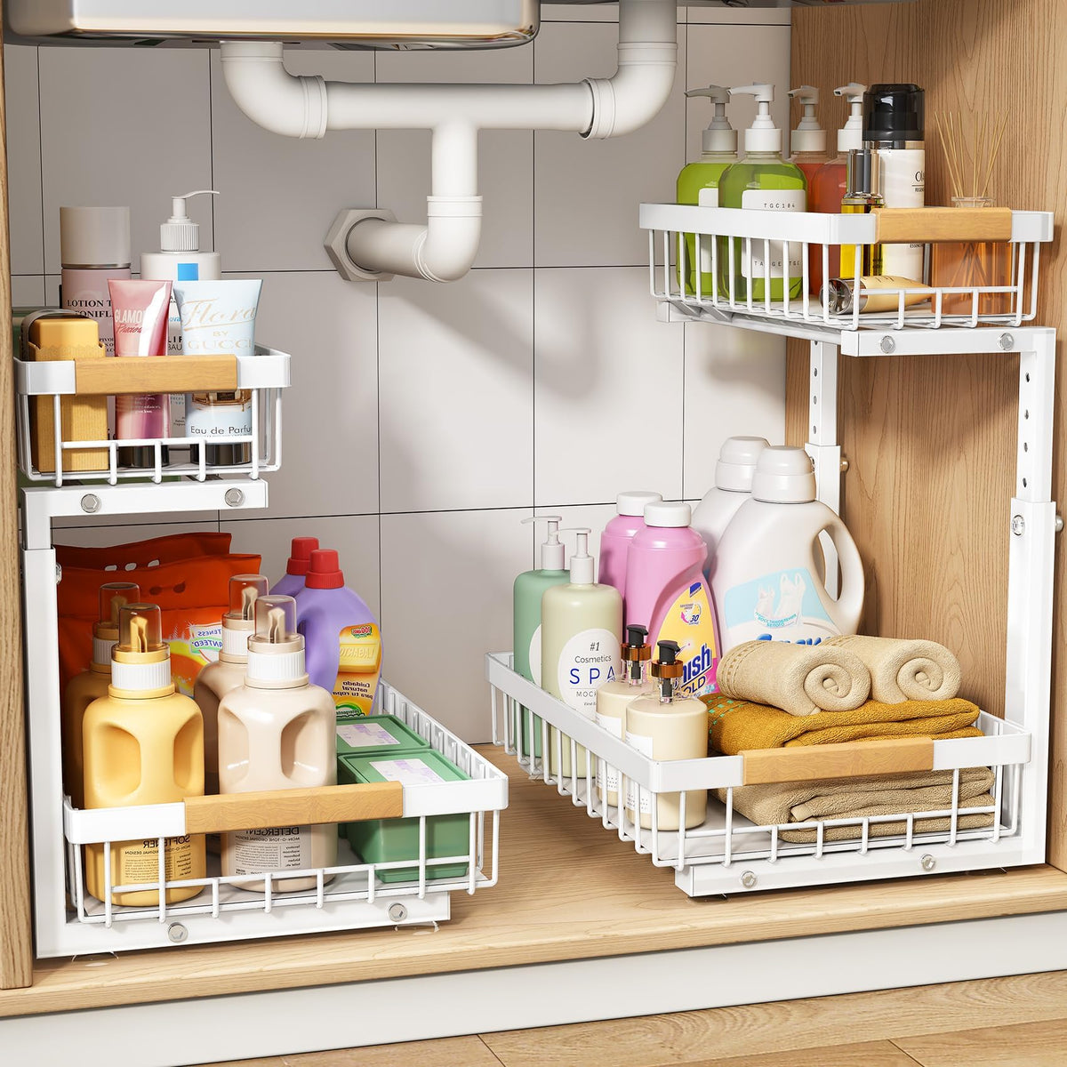 Adjustable 2 Tier Pull Out Under Sink Organizer, White, 2 Pack R355