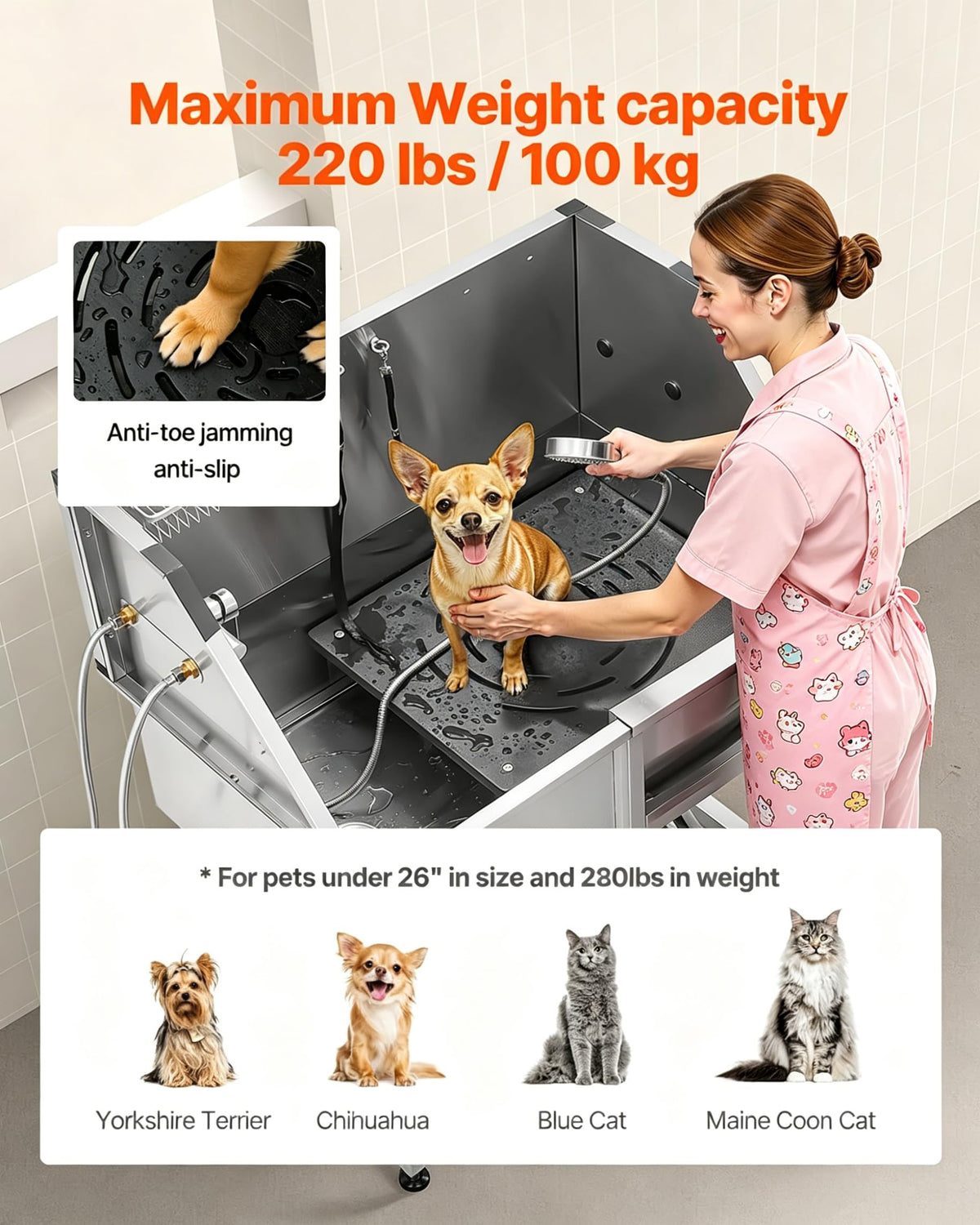 38” Stainless Steel Dog Washing Station with Faucet and Non-Slip Steps T57031
