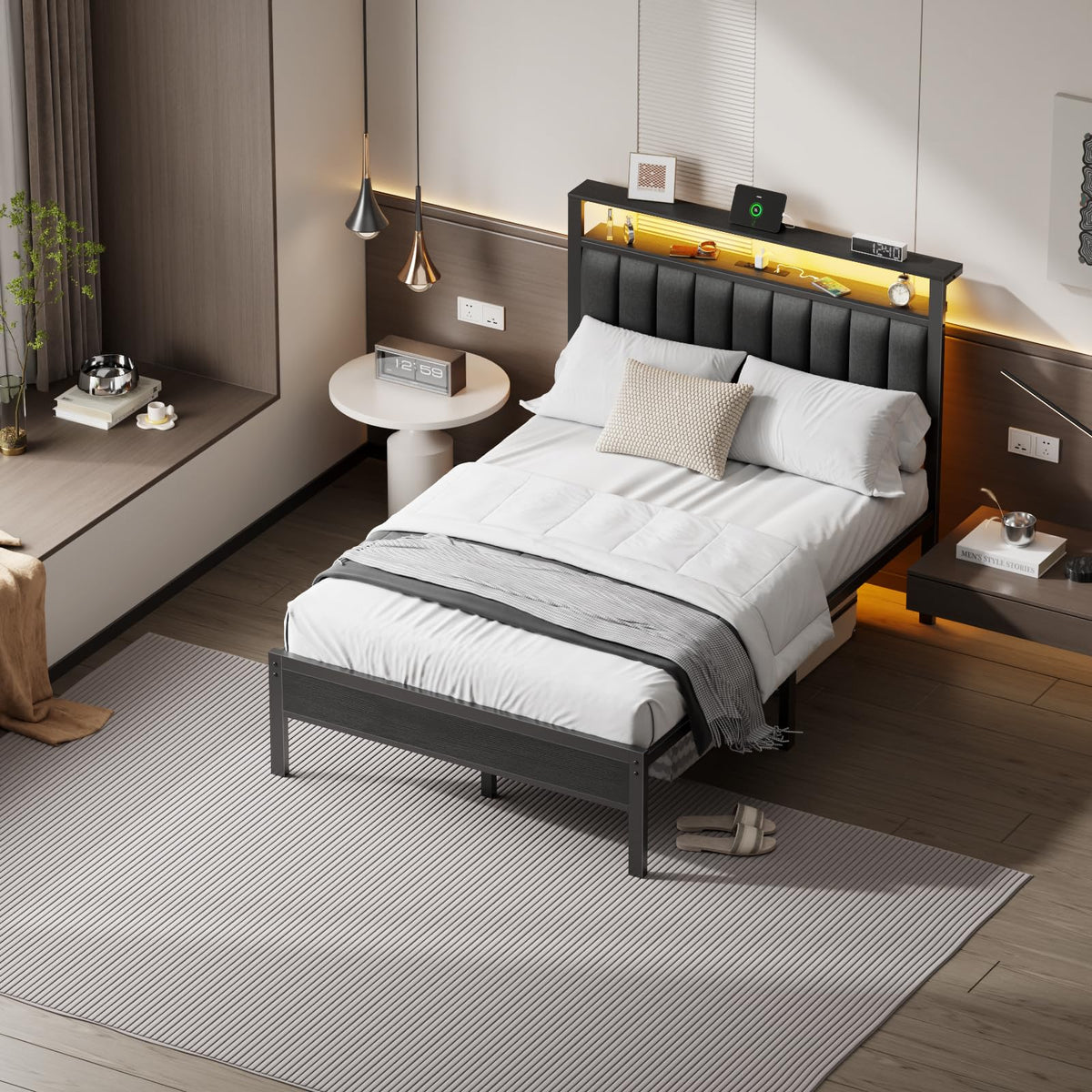 Full Size Bed Frame with Charging Station and LED Lights A6588