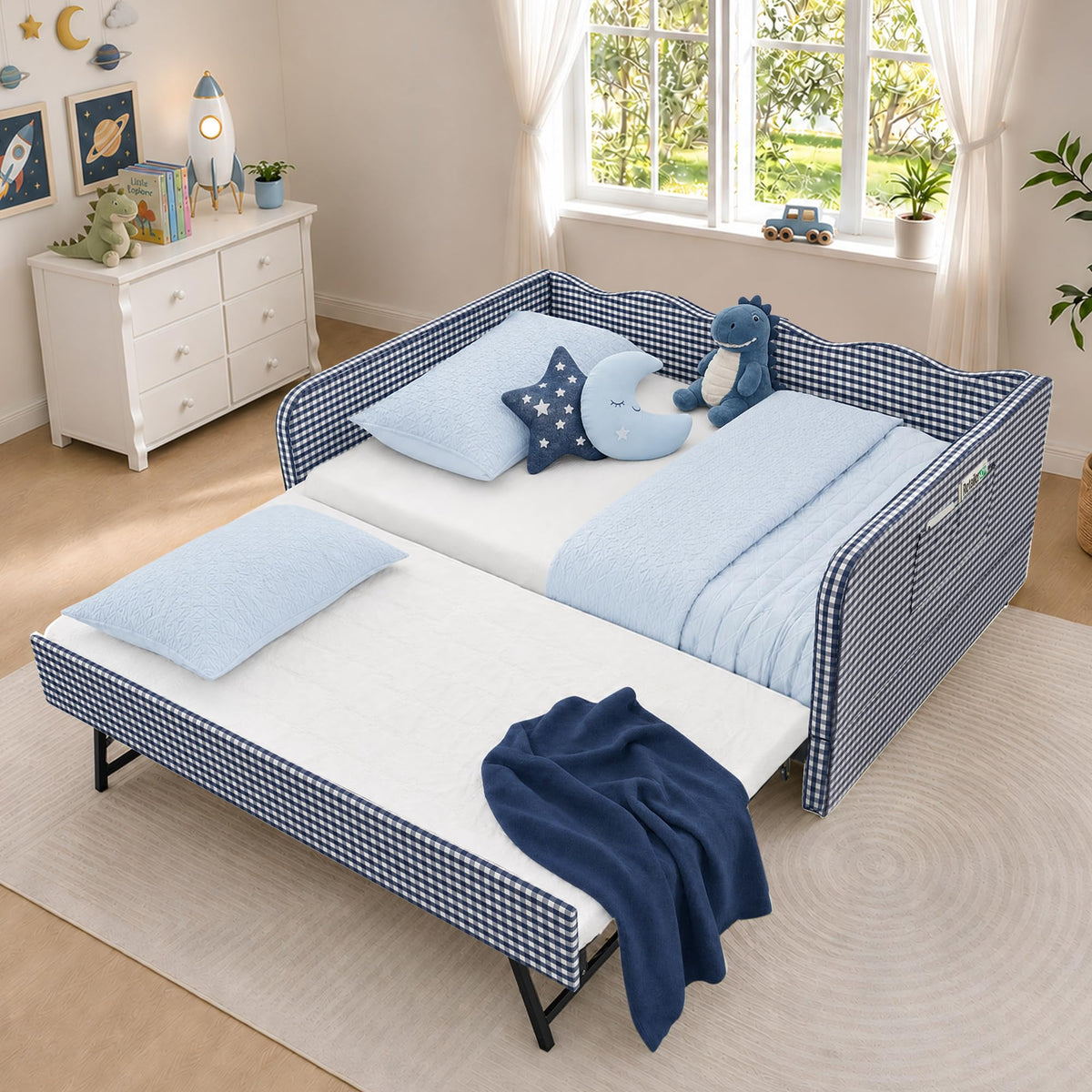 Blue Gingham Twin Daybed with Pop Up Trundle J71518