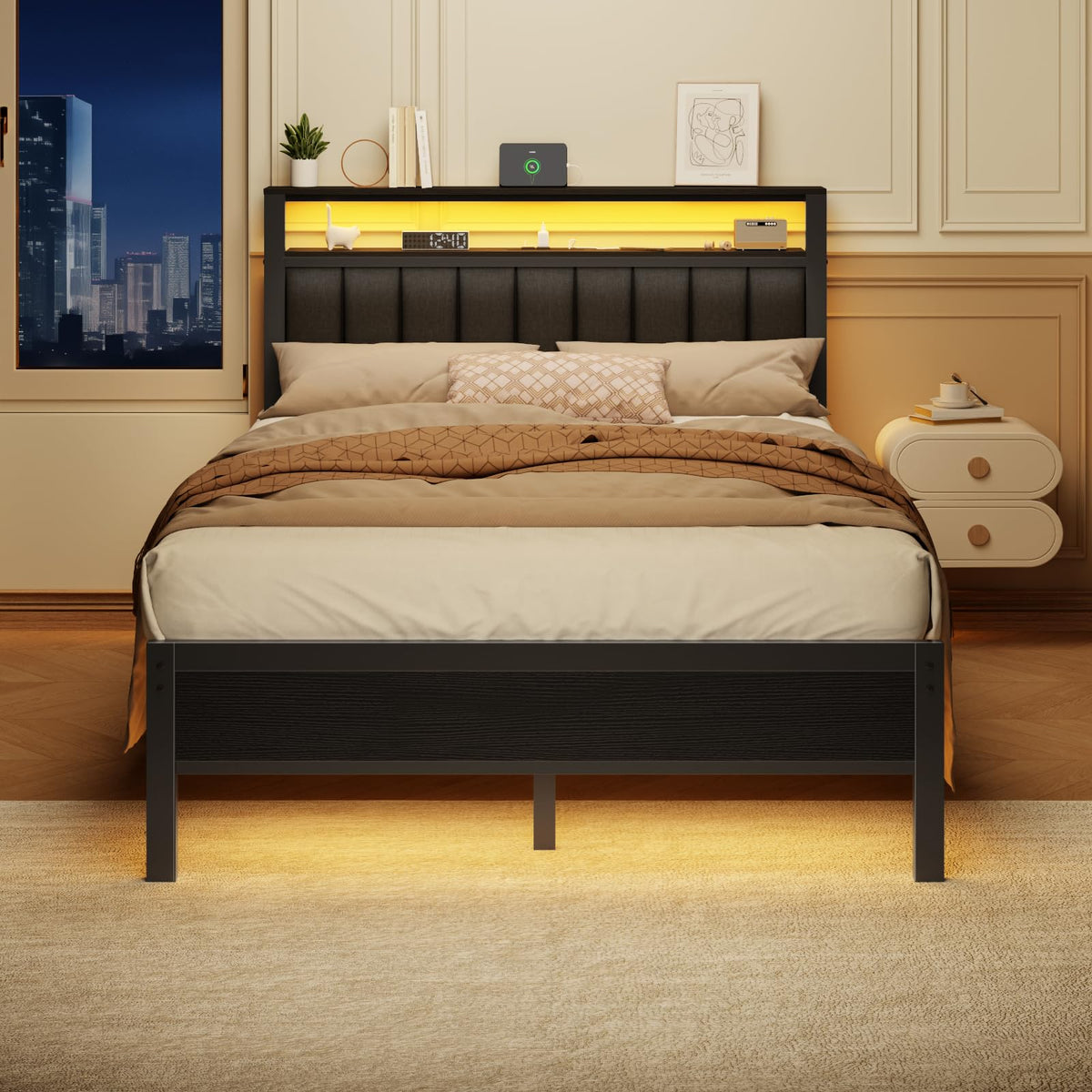 Full Size Bed Frame with Charging Station and LED Lights A6588