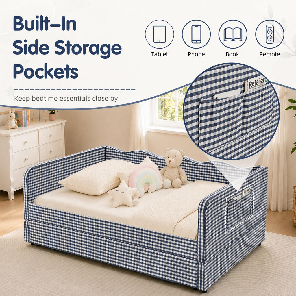Blue Gingham Twin Daybed with Pop Up Trundle J71518