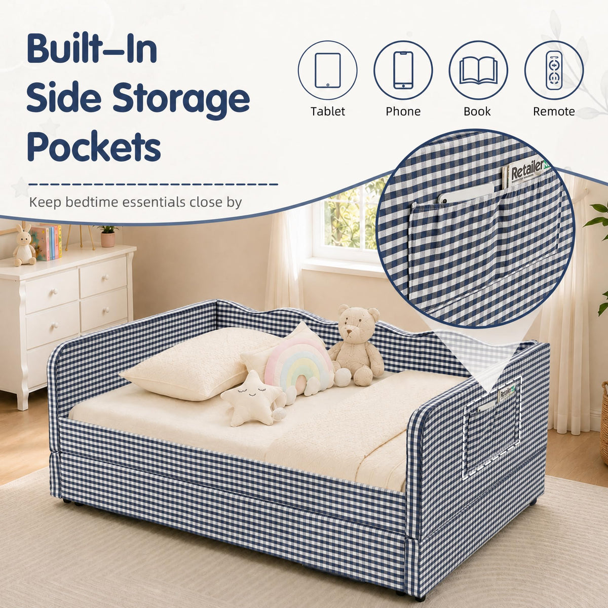Blue Gingham Twin Daybed with Pop Up Trundle J71518