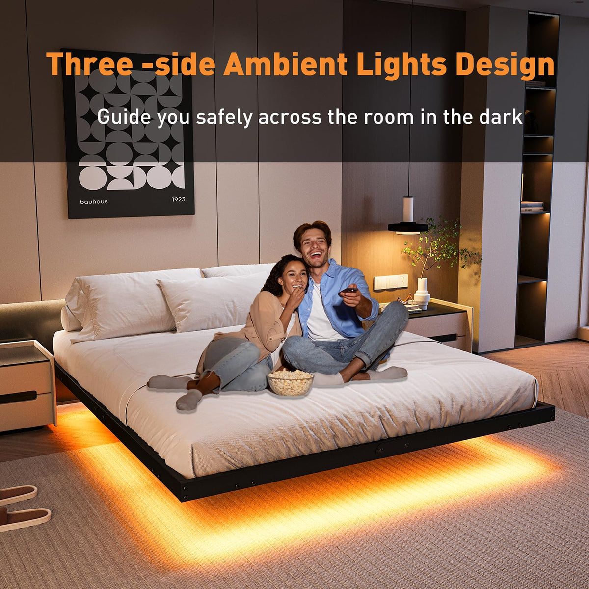 Queen Floating Bed Frame with LED Lights and Charging Station B829