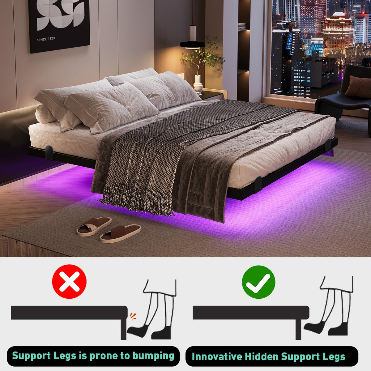 Queen Floating Bed Frame with LED Lights and Charging Station B829