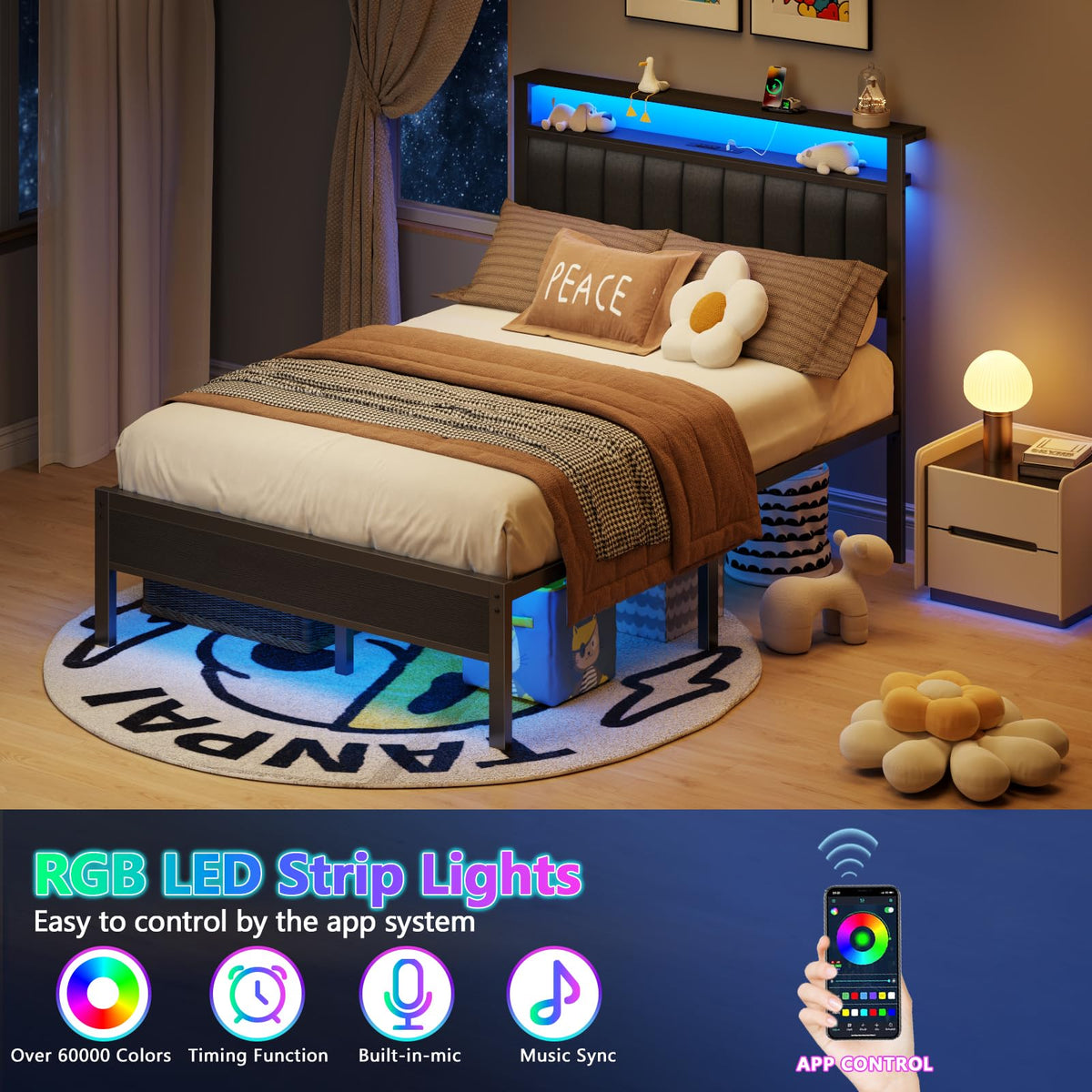 Full Size Bed Frame with Charging Station and LED Lights A6588