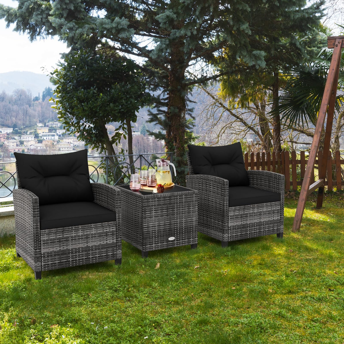 3 Piece Wicker Patio Furniture Set with Glass Topped Table O4698