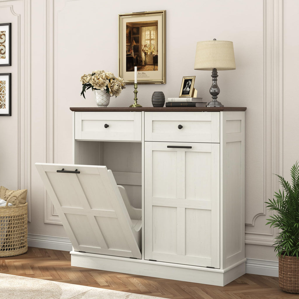 Antique White 26 Gallons Wood Trash Can Cabinet with Drawers Z928824