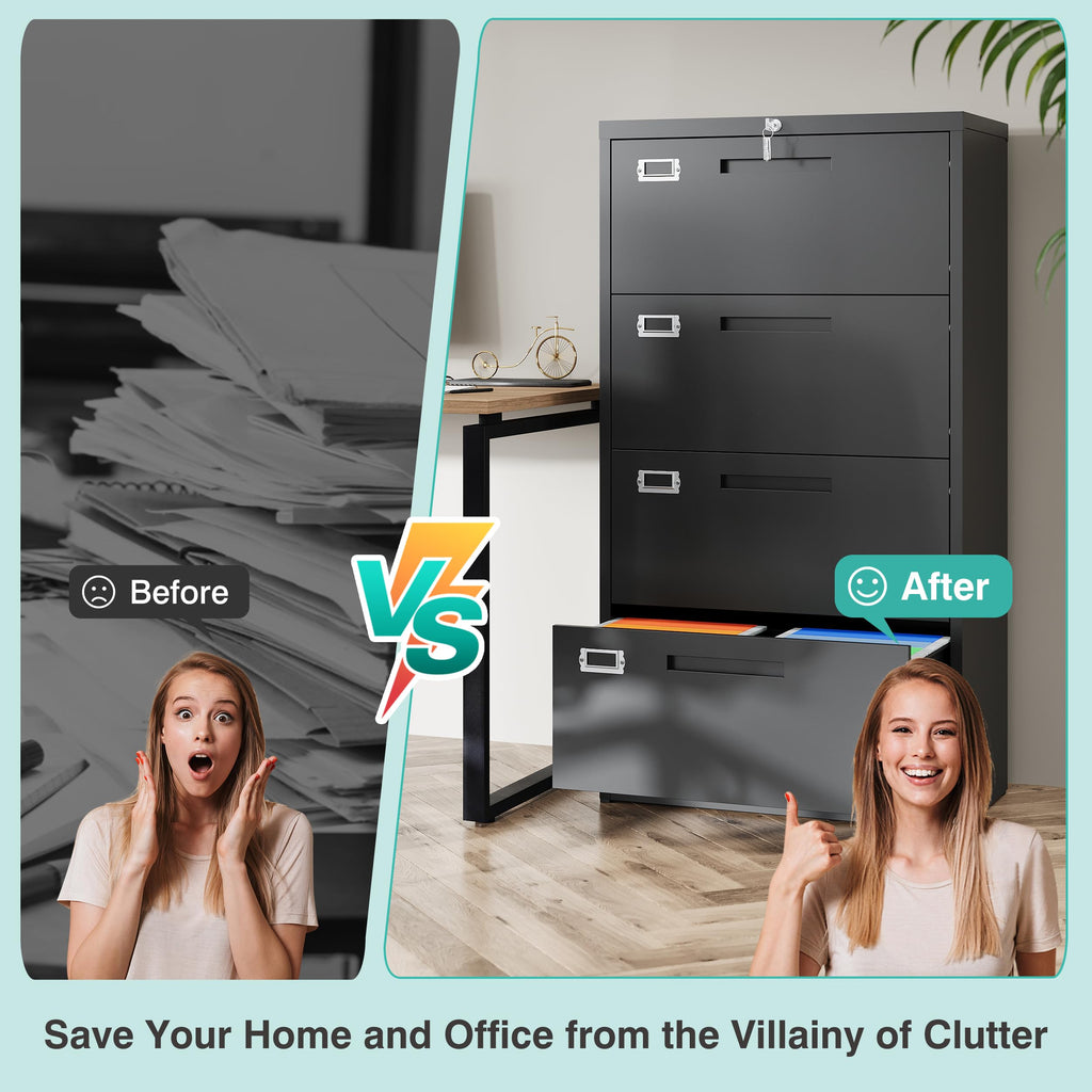 Black 4 Drawer Metal Lateral File Cabinet with Lock B2661