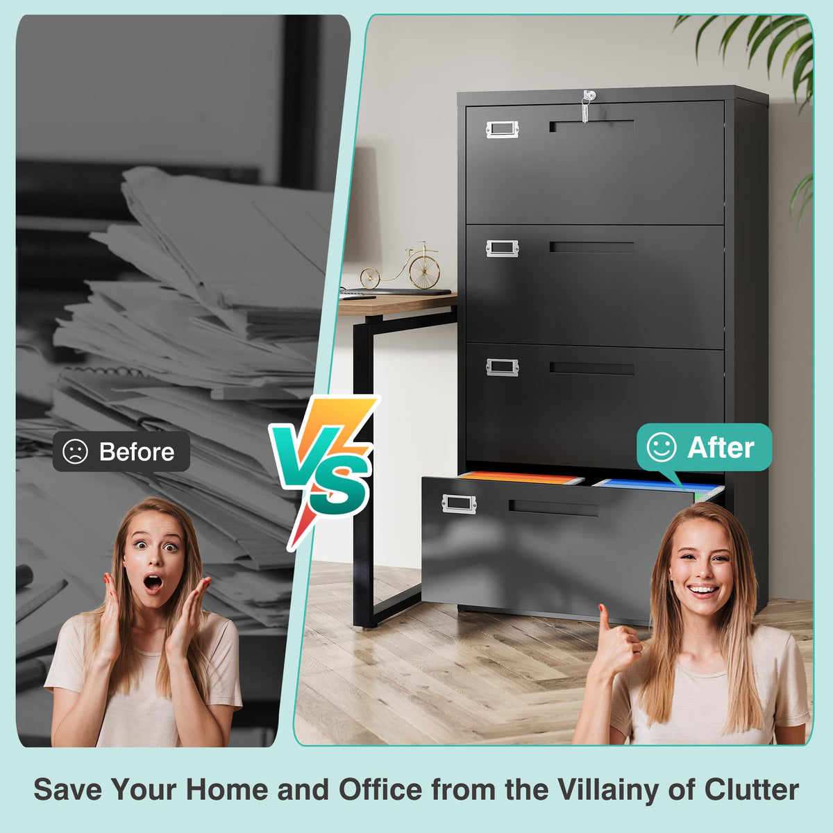 Black 4 Drawer Metal Lateral File Cabinet with Lock B2661