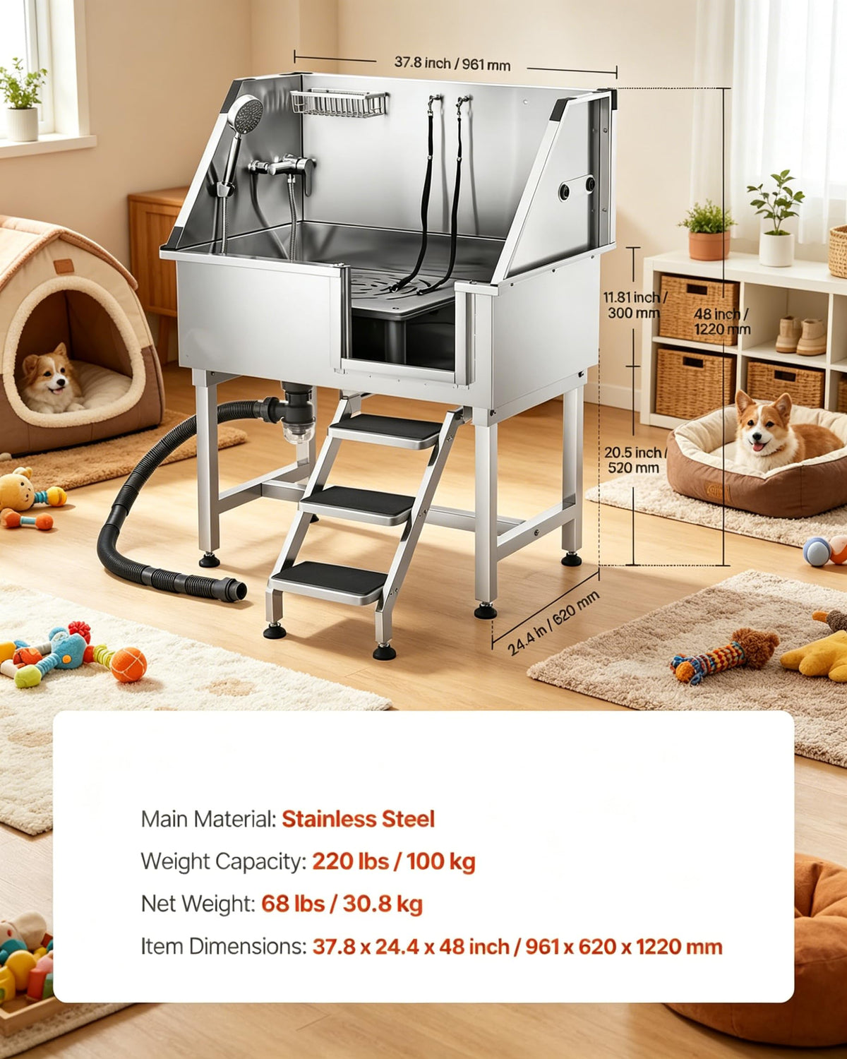 38” Stainless Steel Dog Washing Station with Faucet and Non-Slip Steps T57031