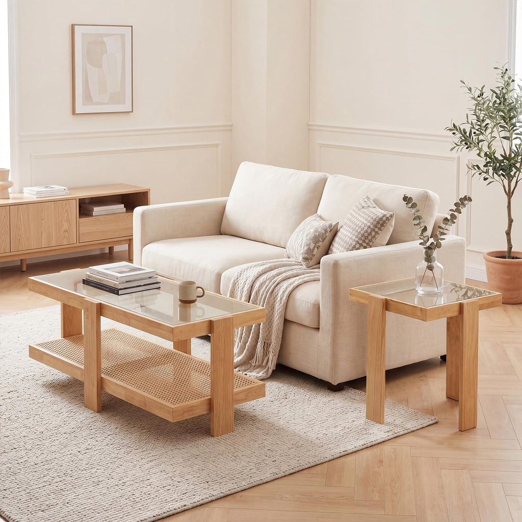Nesting Coffee Table Set of 2 Rattan Tempered Glass C94629