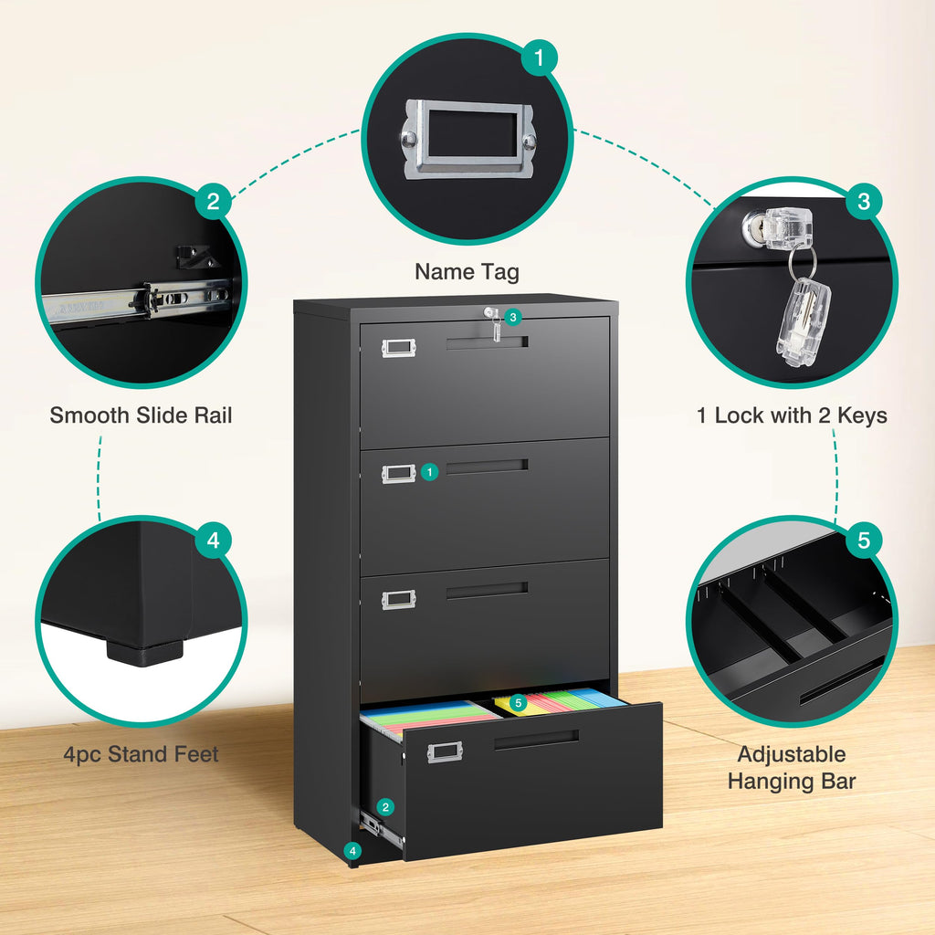 Black 4 Drawer Metal Lateral File Cabinet with Lock B2661