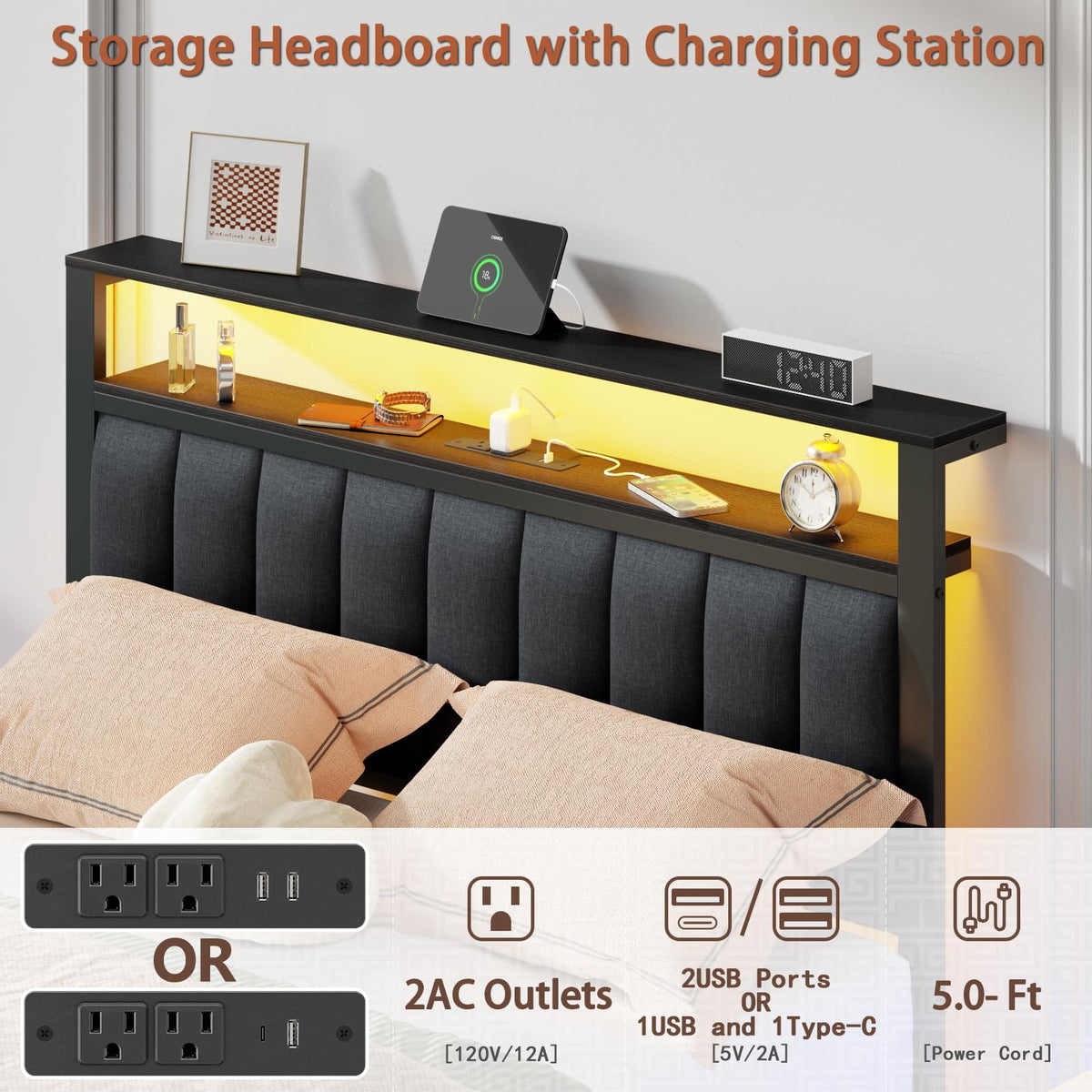 Full Size Bed Frame with Charging Station and LED Lights A6588