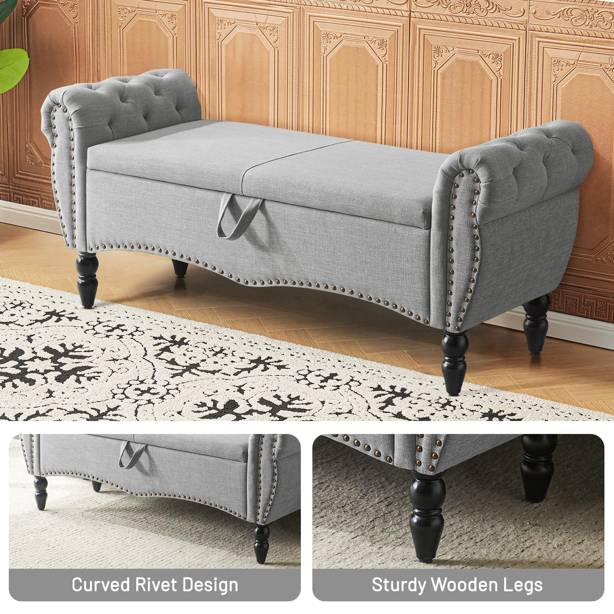 Grey Linen Upholstered Storage Bench with Wood Legs W32715