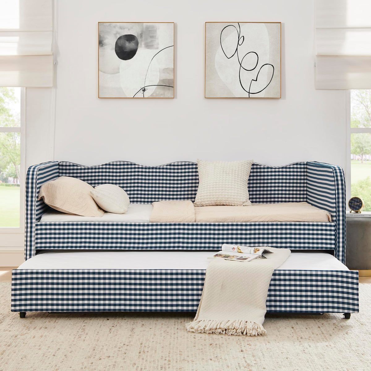 Blue Gingham Twin Daybed with Pop Up Trundle J71518