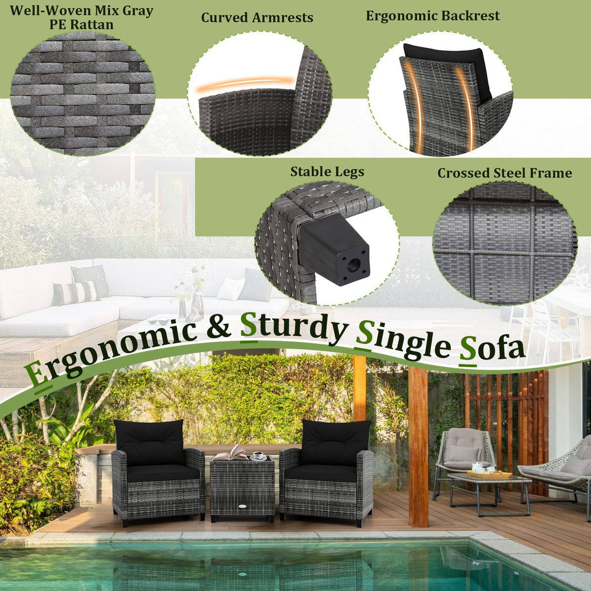 3 Piece Wicker Patio Furniture Set with Glass Topped Table O4698