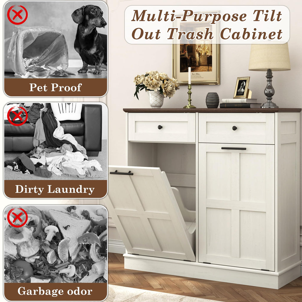 Antique White 26 Gallons Wood Trash Can Cabinet with Drawers Z928824