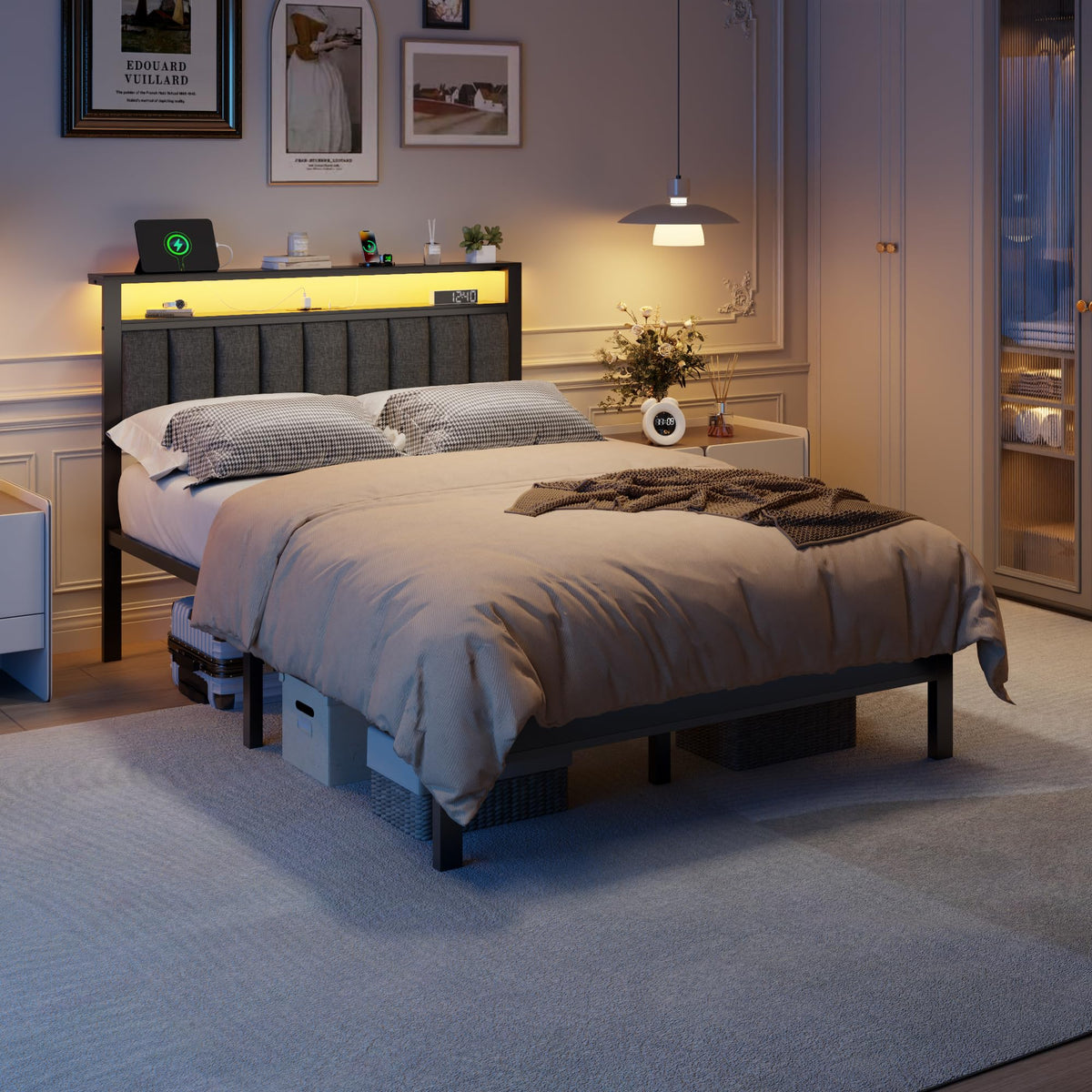 Full Size Bed Frame with Charging Station and LED Lights A6588