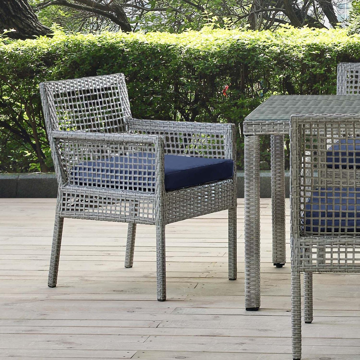 Gray Navy Wicker Rattan Outdoor Dining Arm Chair with Cushion V681
