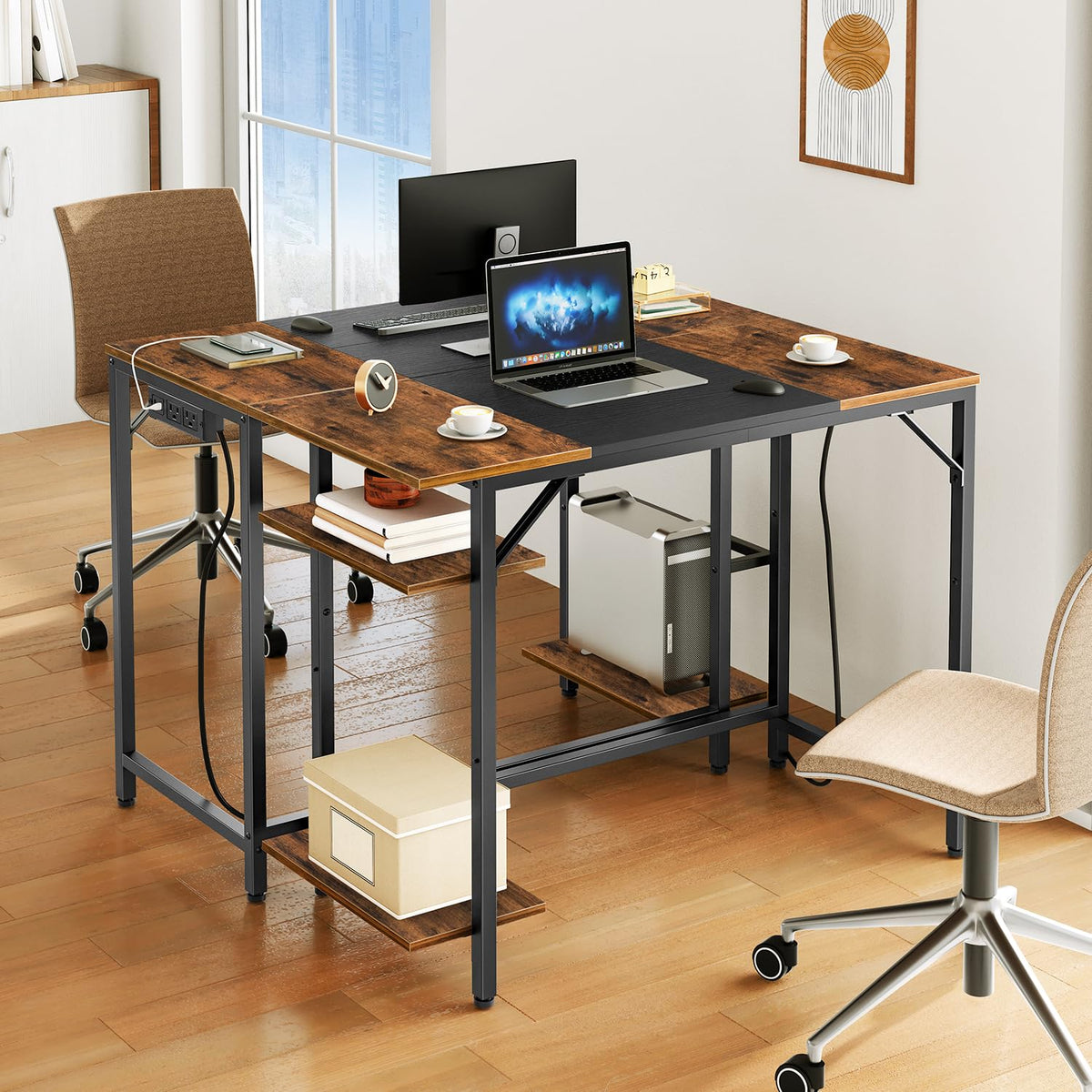 Small Computer Desk with Power Outlet and 2 Shelves A35704