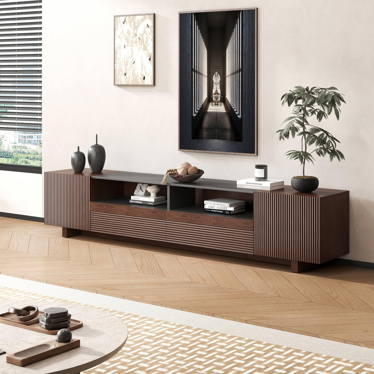 78.8 Inch Dark Brown Walnut TV Stand with Storage U95477