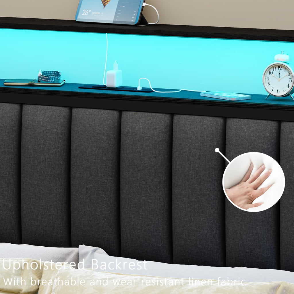 Full Size Bed Frame with Charging Station and LED Lights A6588