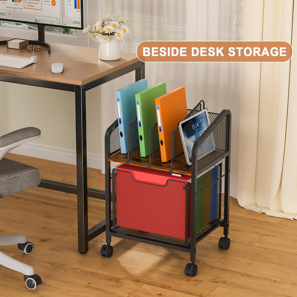 Rolling File Cabinet with Adjustable Dividers and Storage Drawer V780119