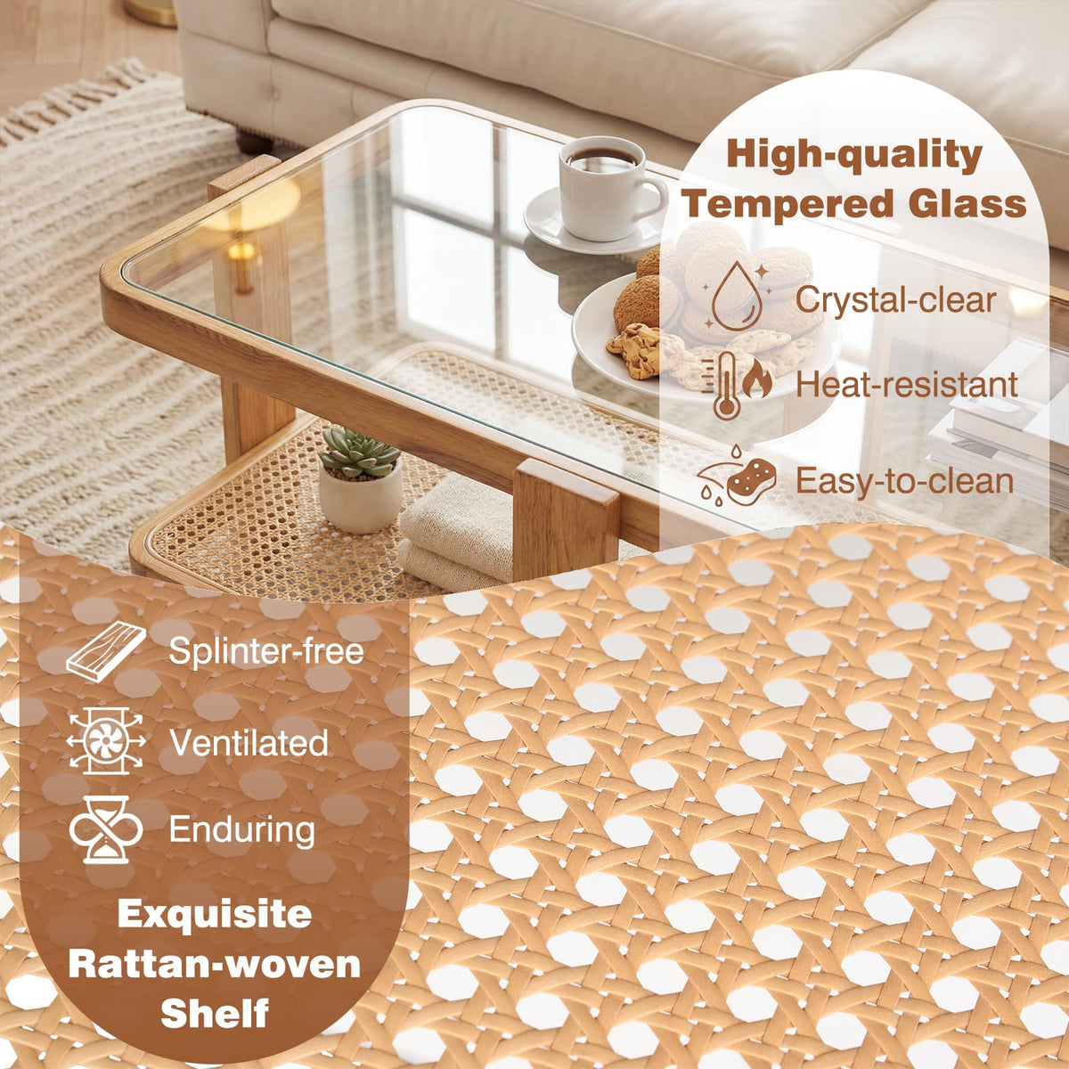 Nesting Coffee Table Set of 2 Rattan Tempered Glass C94629