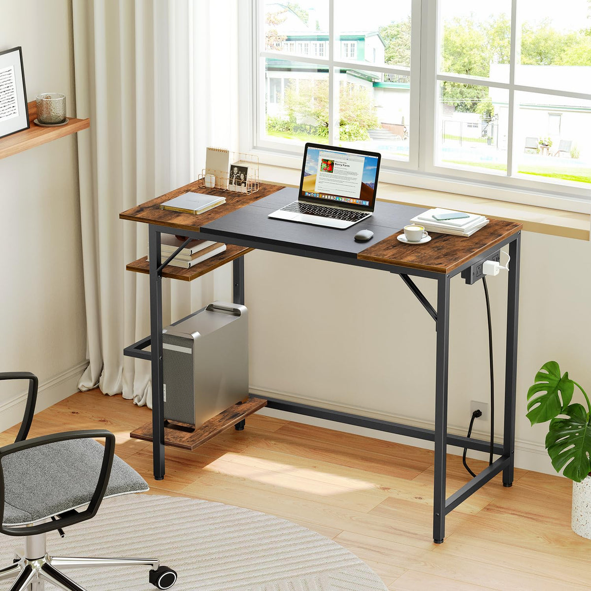 Small Computer Desk with Power Outlet and 2 Shelves A35704