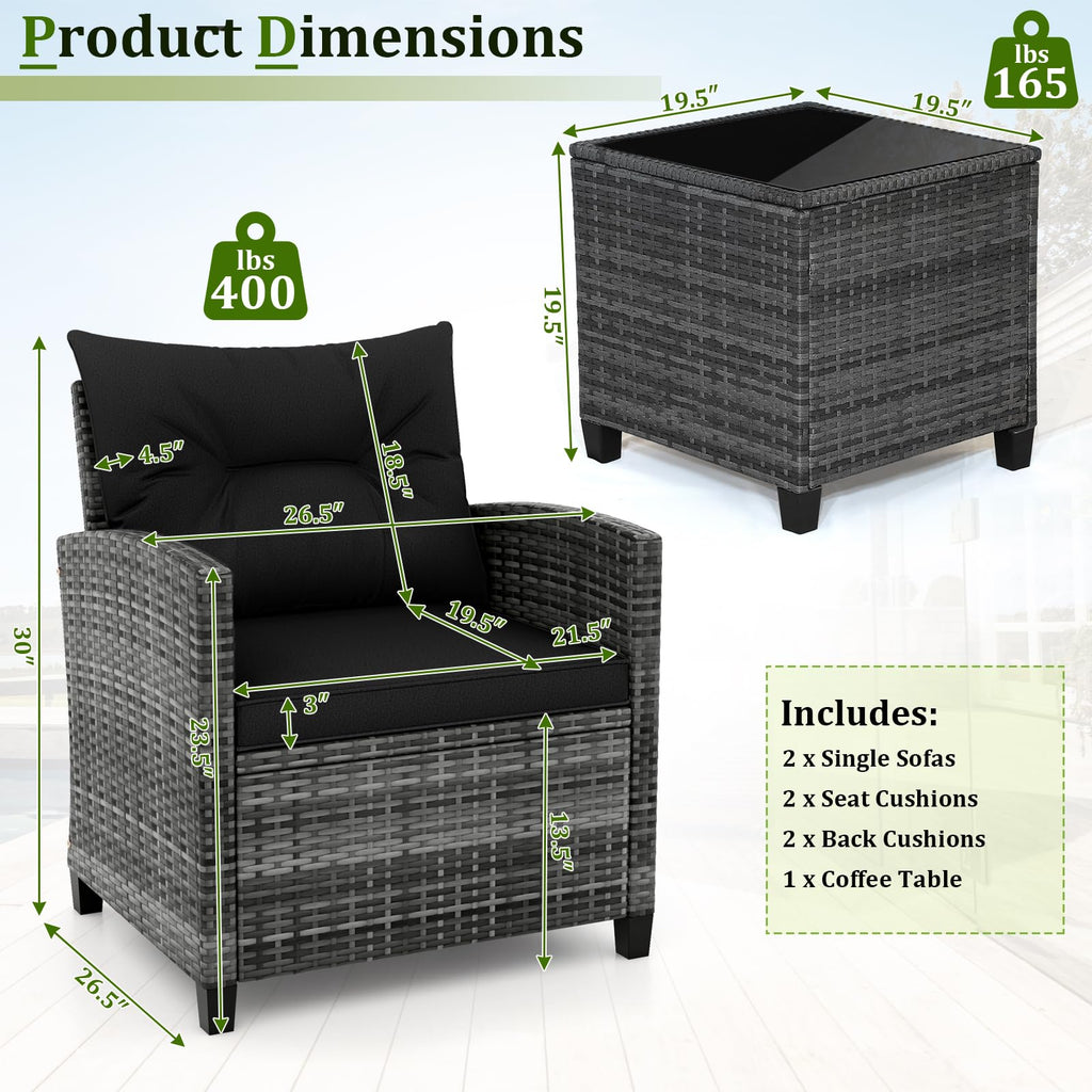3 Piece Wicker Patio Furniture Set with Glass Topped Table O4698