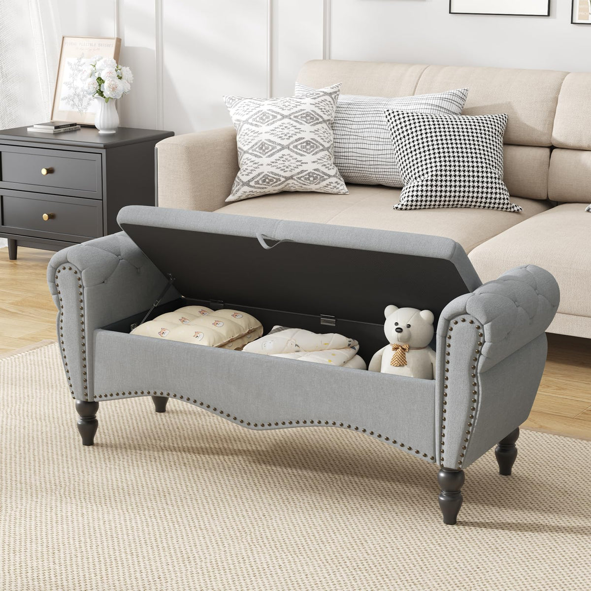 Grey Linen Upholstered Storage Bench with Wood Legs W32715