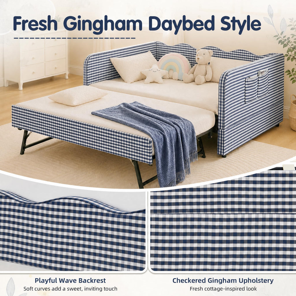 Blue Gingham Twin Daybed with Pop Up Trundle J71518