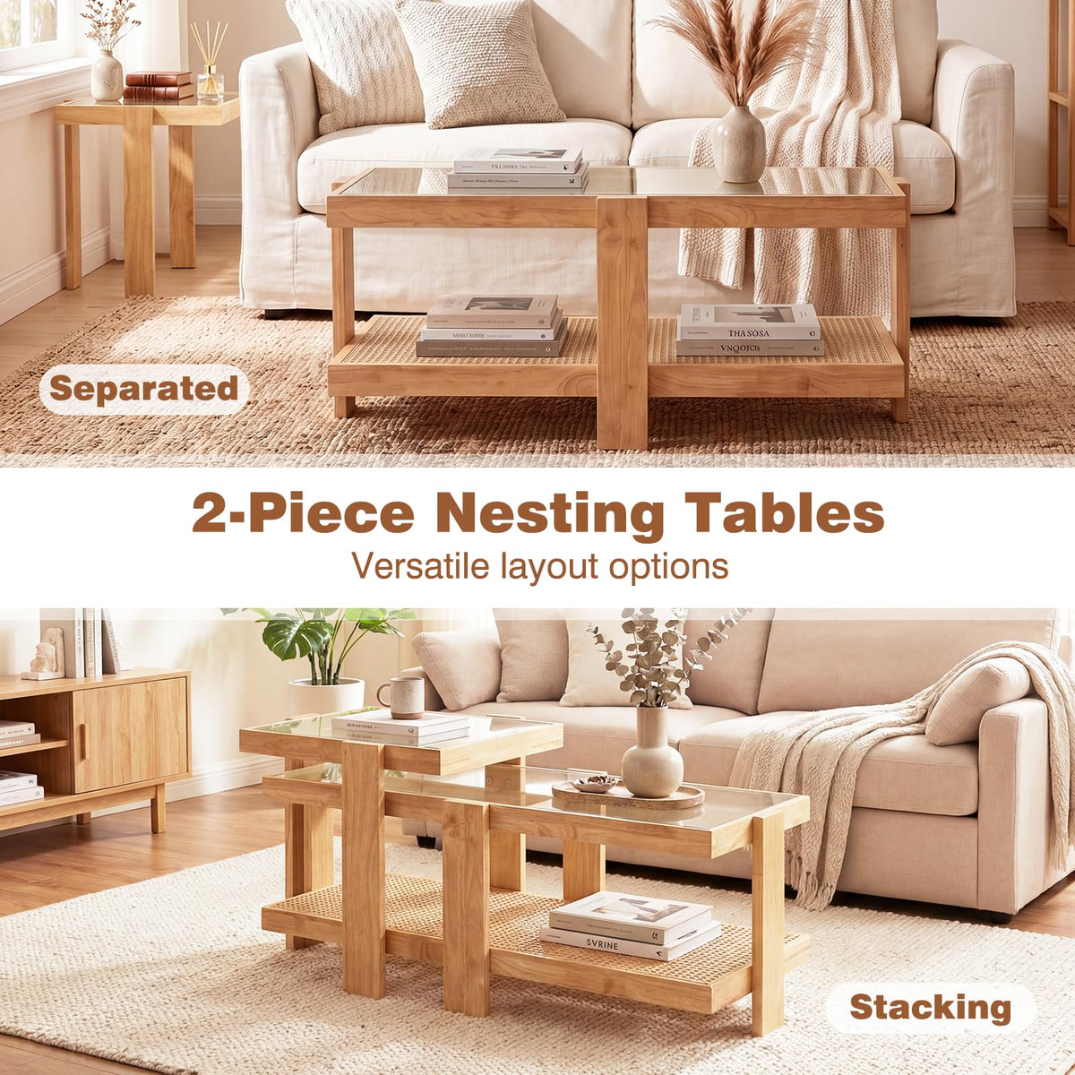 Nesting Coffee Table Set of 2 Rattan Tempered Glass C94629