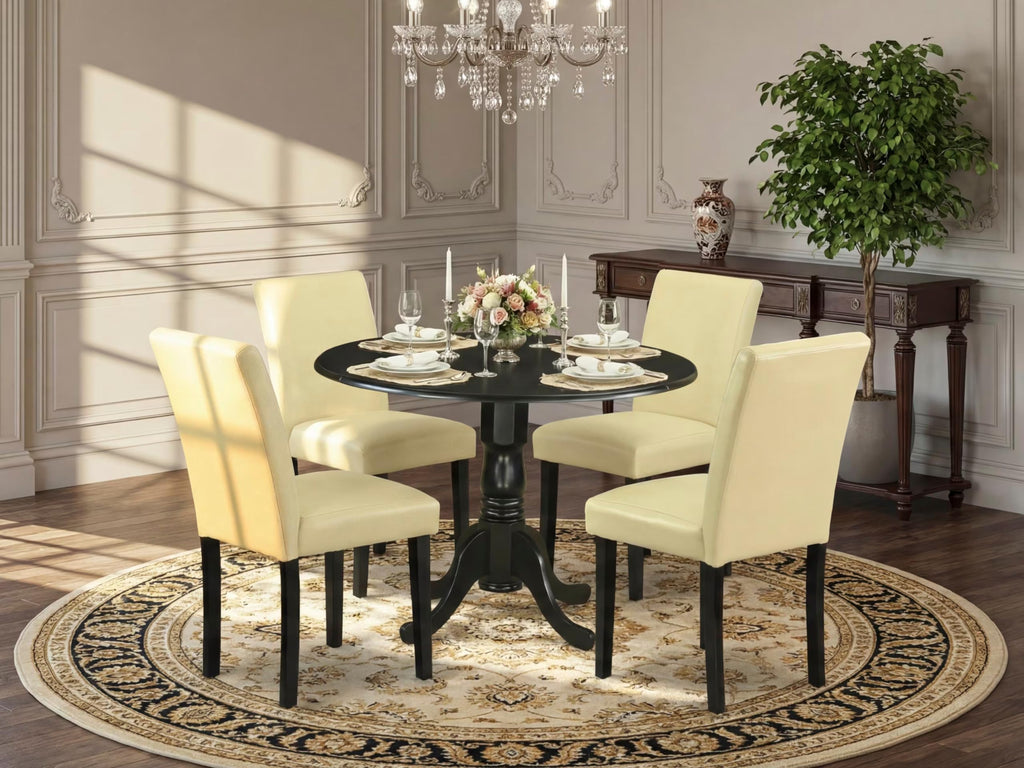 5 Piece Round Dining Table Set with Dropleaf and 4 Faux Leather Chairs H982267