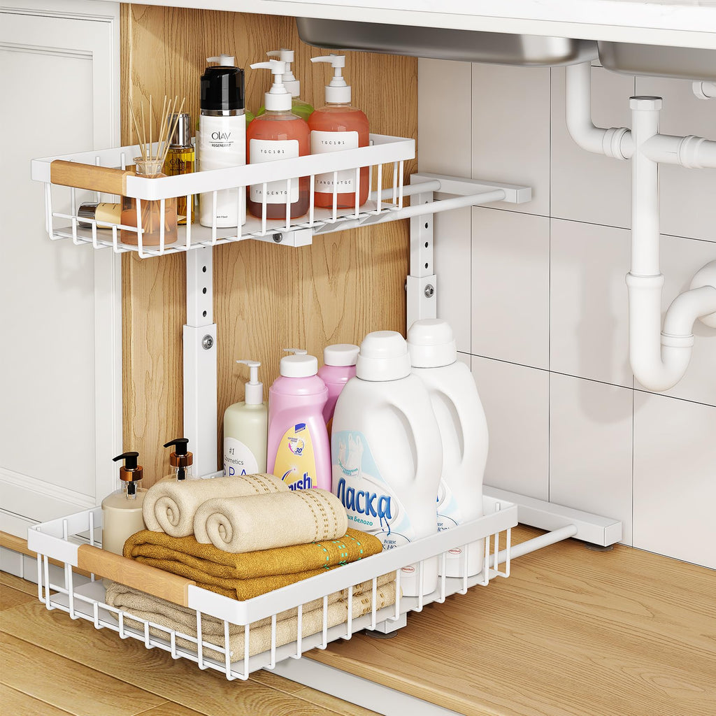 Adjustable 2 Tier Pull Out Under Sink Organizer, White, 2 Pack R355