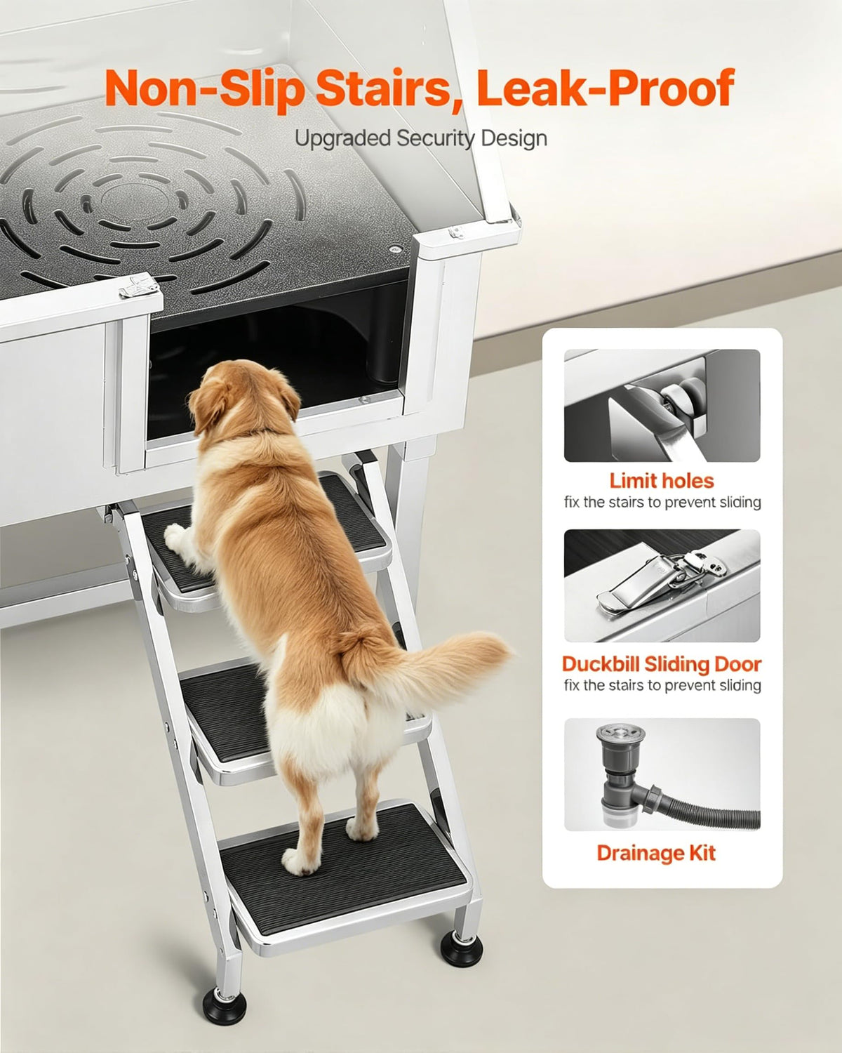 38” Stainless Steel Dog Washing Station with Faucet and Non-Slip Steps T57031