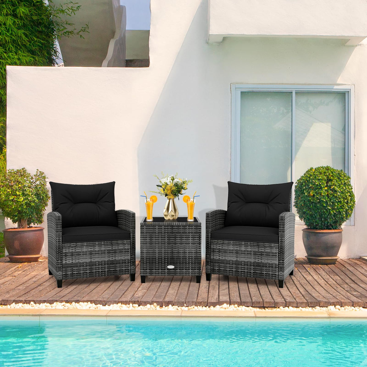 3 Piece Wicker Patio Furniture Set with Glass Topped Table O4698