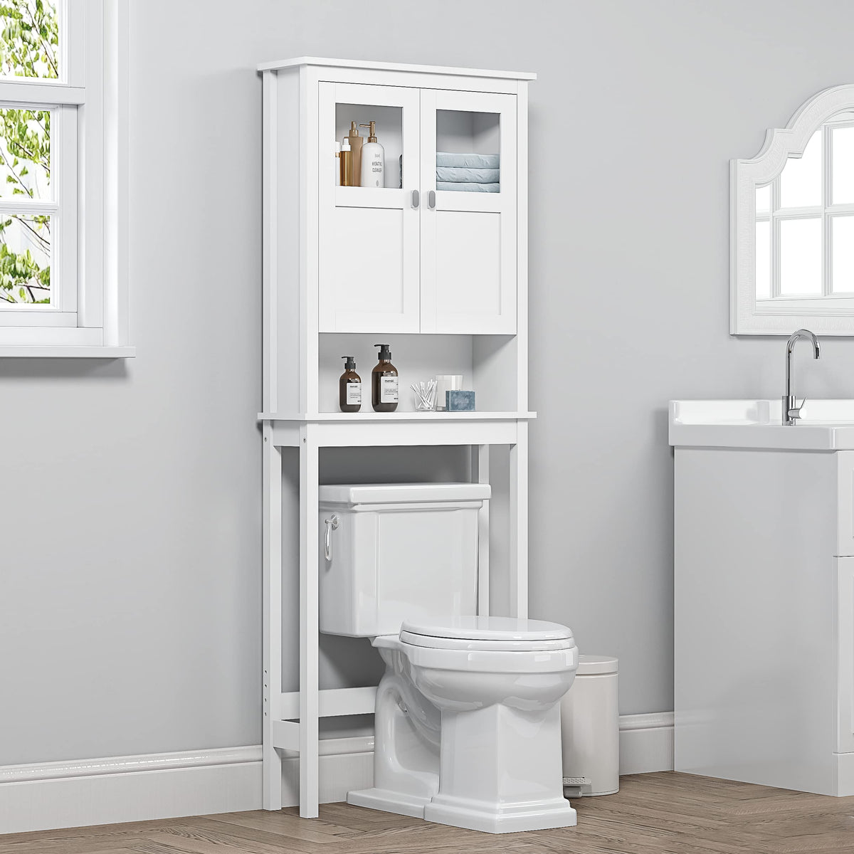 White Over the Toilet Storage Cabinet with Glass Doors W237924