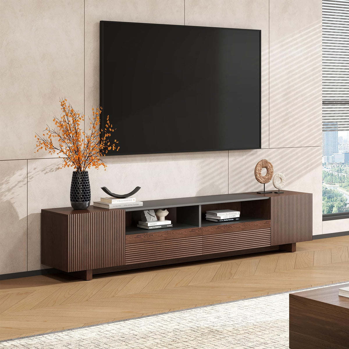 78.8 Inch Dark Brown Walnut TV Stand with Storage U95477