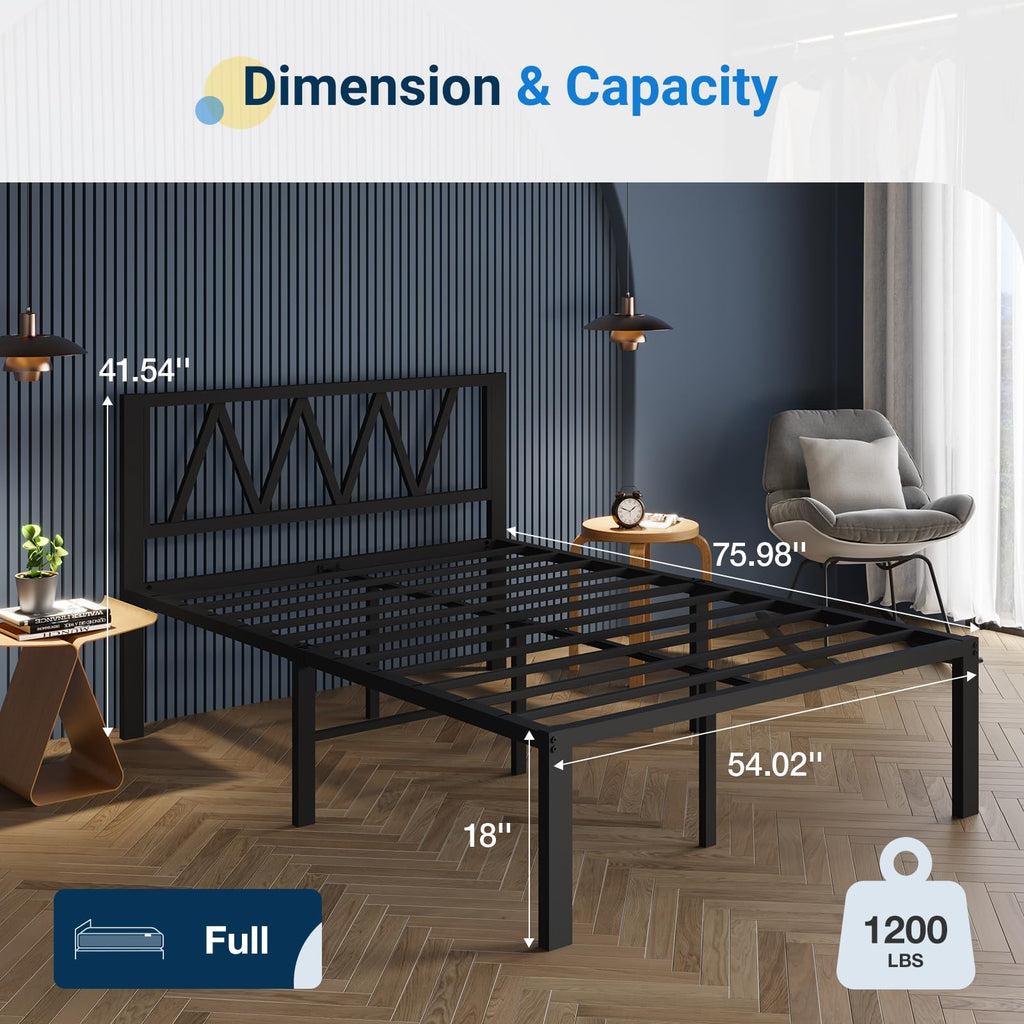 18 Inch Full Size Metal Platform Bed Frame with Headboard S457