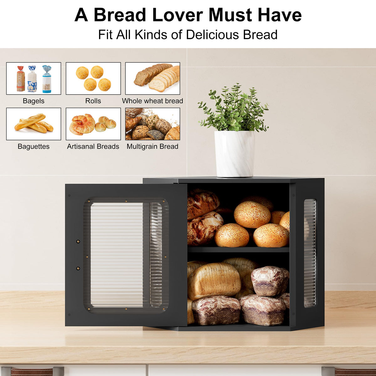Large Black Wooden Bread Box with Acrylic Window R607400