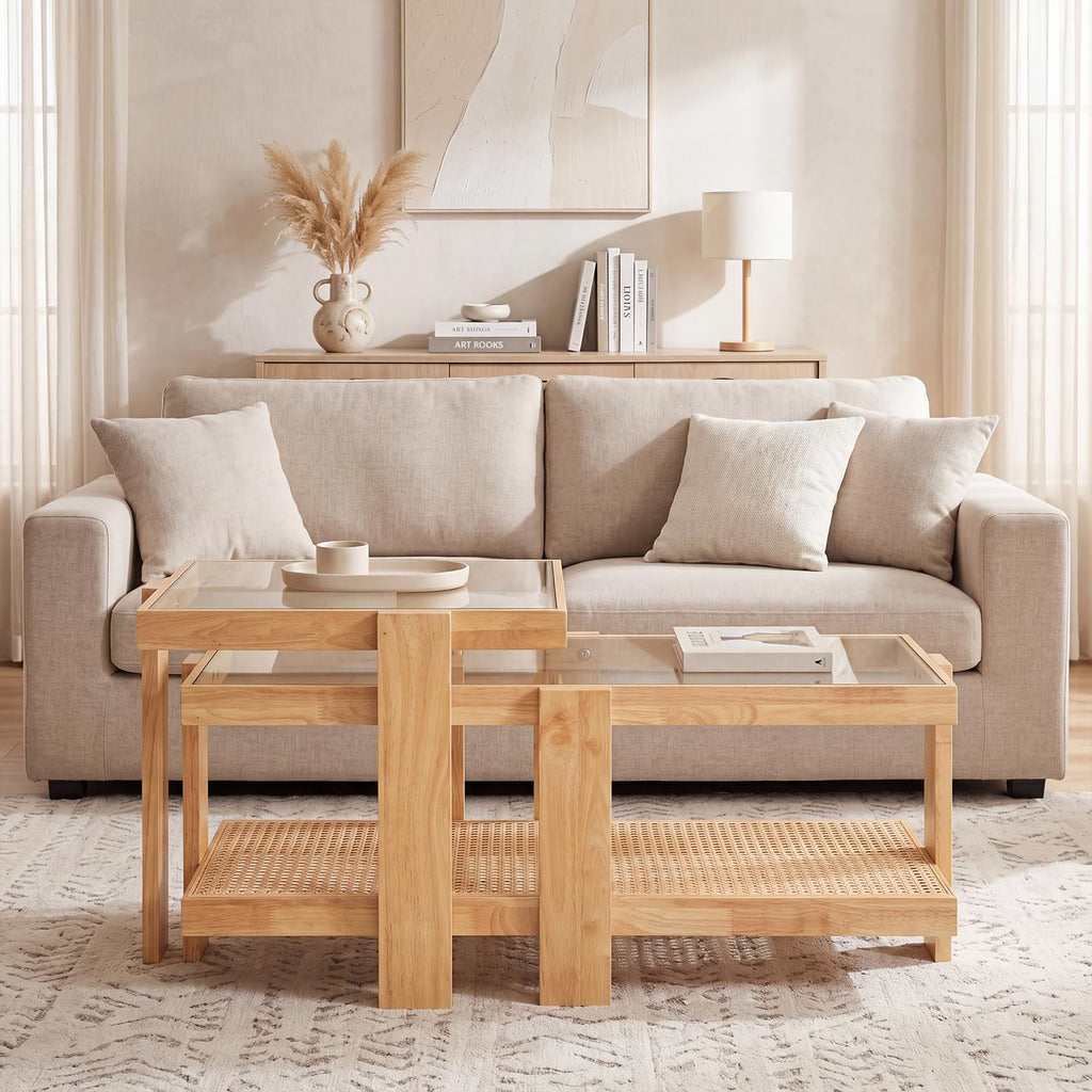 Nesting Coffee Table Set of 2 Rattan Tempered Glass C94629