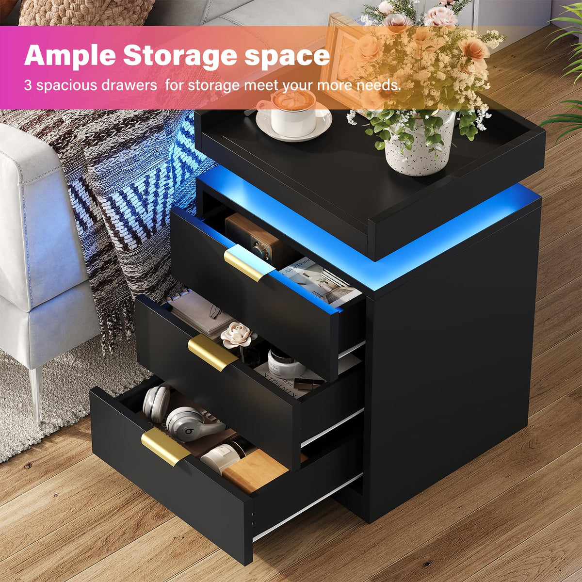 Black 3 Drawer LED Nightstand with Charging Station I1204