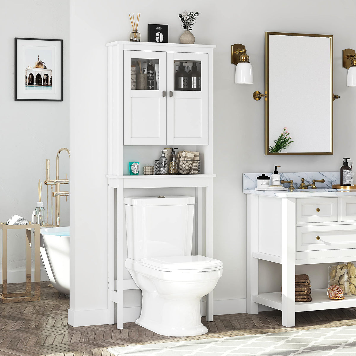 White Over the Toilet Storage Cabinet with Glass Doors W237924