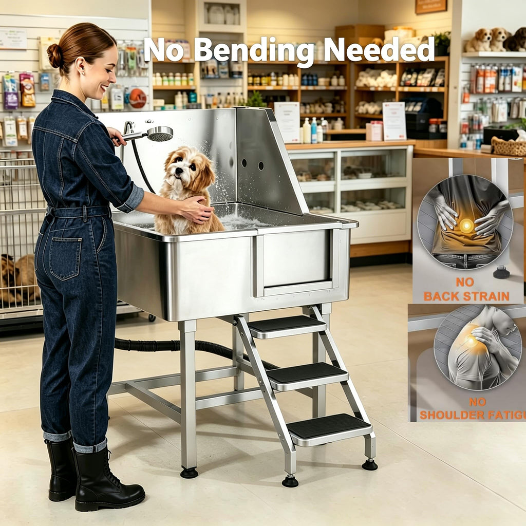 38” Stainless Steel Dog Washing Station with Faucet and Non-Slip Steps T57031